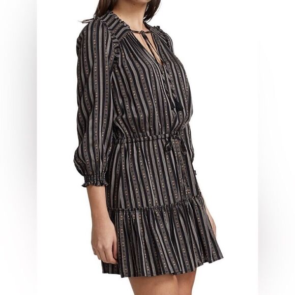 Paige Kaylynn Mini Black Multi Dress Striped Pleated V-Neck Blouse Size S - Picture 4 of 12